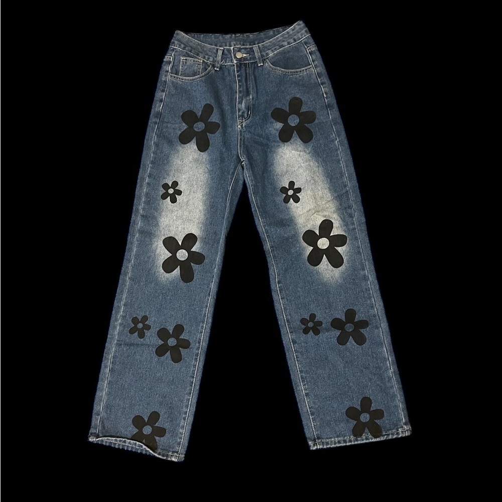 Floral Patterned Blue Jeans